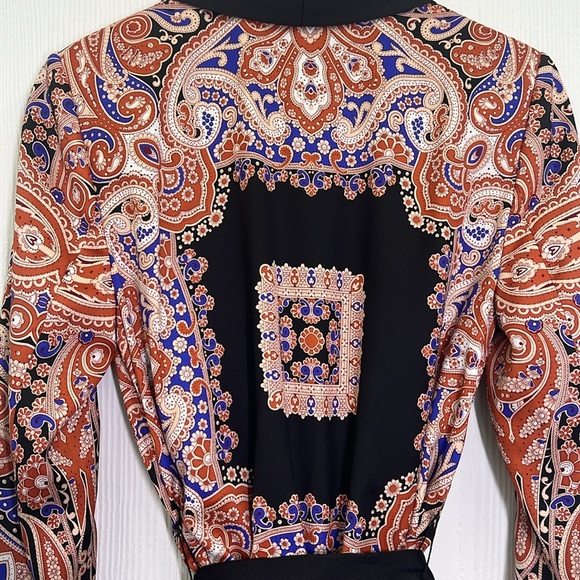 Zara - Colorful Paisley Print Black Lapels And Tie Belt Kimono Blouse Size Small - Picture 13 of 13